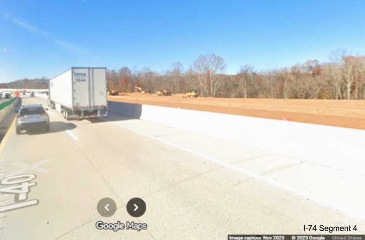 Image of current Future I-40 West lanes passing future permanent lanes in I-74
Winston-Salem Northern Beltway interchange construction zone, Google Maps Street View, November 2025