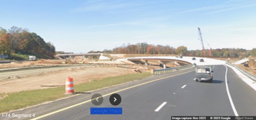 Image of current I-74 West traffic using future ramp to NC 192 West in work
zone for Winston-Salem Northern Beltway interchange, Google Maps Street View, November 2025