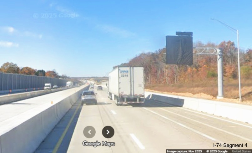 Image of Future I-74 advance sign covered up along I-40 West after the Union Cross
Road exit ramp, Google Maps Street View, November 2025