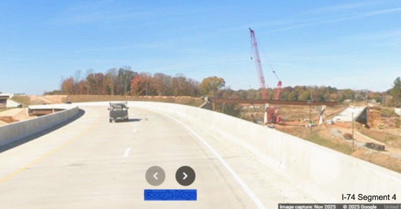 Image of future I-74 West Beltway roadway under construction from current I-74
using future ramp to NC 192 West in work zone for Winston-Salem Northern Beltway interchange, Google Maps Street View,
November 2025
