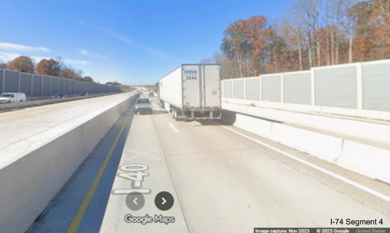 Image of traffic still restricted to 2 lanes along I-40 West after the Union Cross
Road exit ramp, Google Maps Street View, November 2025