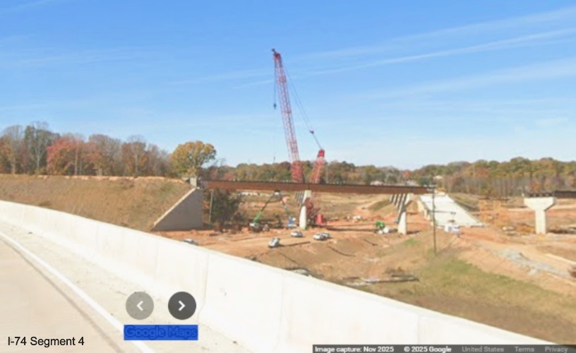 Image of future flyover ramp for NC 192 East to I-74 West/Winston-Salem
Northern Beltway from current I-74 West using future NC 192 West ramp, Google Maps Street View, November 2025