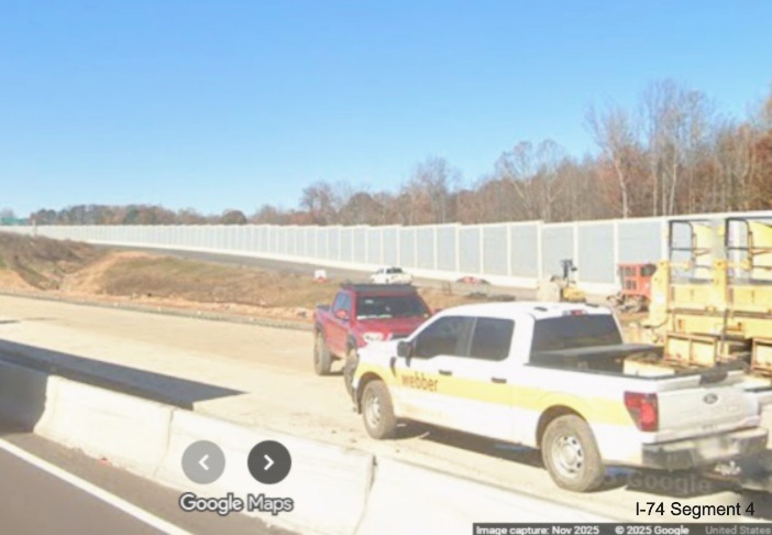 Image of Future I-74 exit ramp and right side noise walal from I-40 West lanes,
Google Maps Street View, November 2025