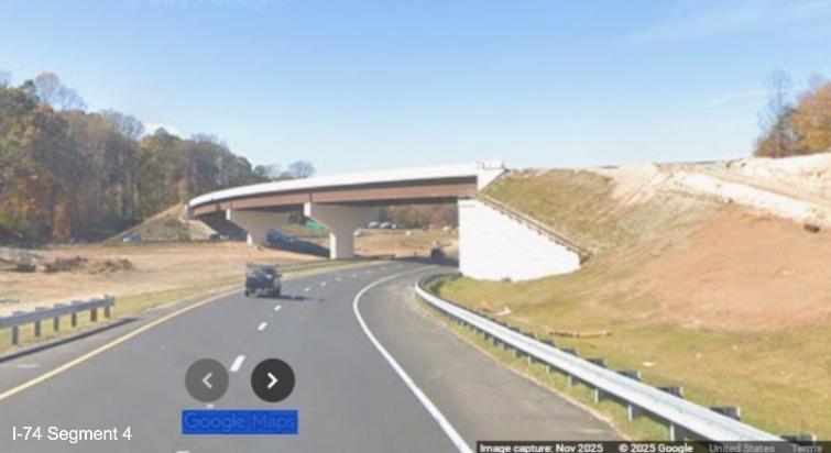 Image of current I-74 West traffic using future ramp to NC 192 West approaching
flyover bridge for future NC 192 East to I-74 West Winston-Salem Northern Beltway, Google Maps Street View, November 2025