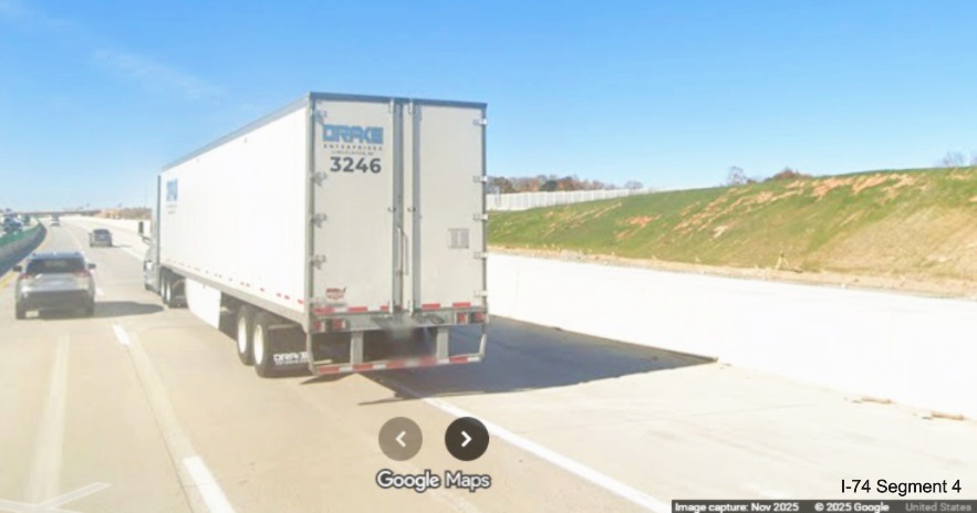 Image of Future I-74 exit ramp and graded future I-40 West lanes from current
lanes approaching set of flyover ramps, Google Maps Street View, November 2025