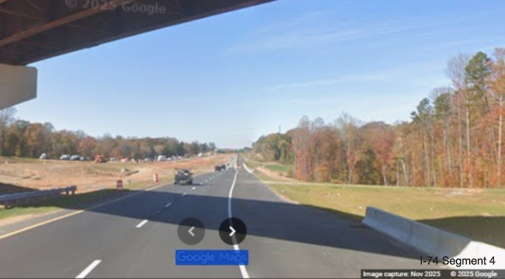 Image of current I-74 West traffic using future ramp to NC 192 West in work
zone for Winston-Salem Northern Beltway interchange, Google Maps Street View, November 2025