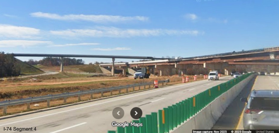 Image of Future I-74 flyover ramps looking across the I-40 East lanes,
Google Maps Street View, November 2025