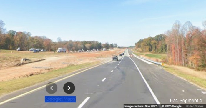 Image of current I-74 West traffic lanes meeting original lanes prior to the
future on-ramp from I-74 East/Winston-Salem Northern Beltway, Google Maps Street View, November 2025