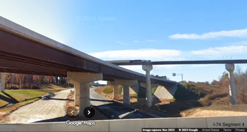 Image of Future I-40 West to I-74 East flyover ramp under construction from
current I-40 West lanes, Google Maps Street View, November 2025