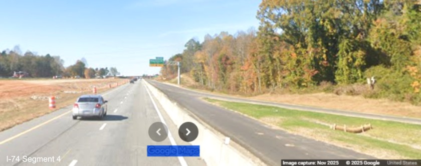 Image of current I-74 West traffic at merge from future ramp to NC 192 West from
I-74 East/Winston-Salem Northern Beltway, Google Maps Street View, November 2025