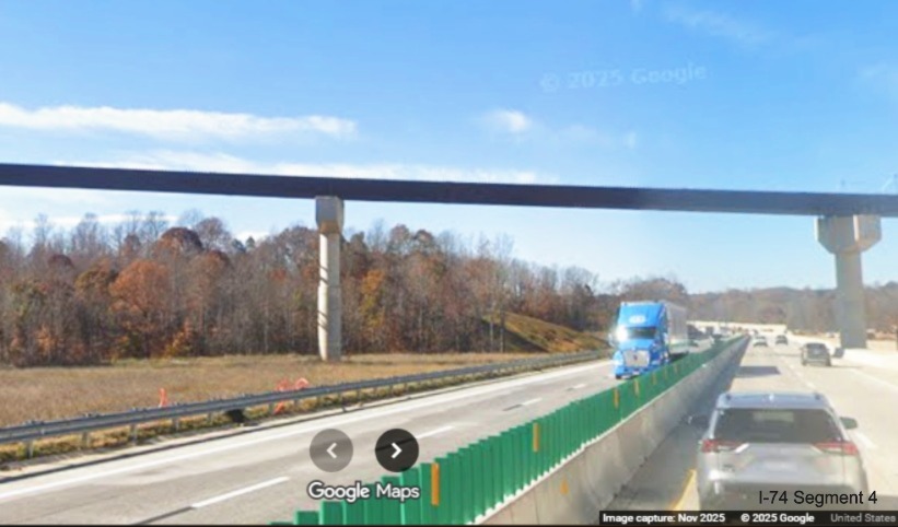 Image of Future I-74 East to I-40 East flyover ramp under construction from
current I-40 West lanes, Google Maps Street View, November 2025