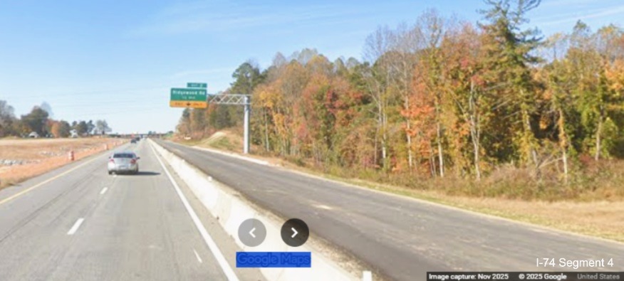 Image of current I-74 West traffic approaching exit to Ridgewood Road after
merge from future ramp from I-74 East/Winston-Salem Northern Beltway, Google Maps Street View, November 2025