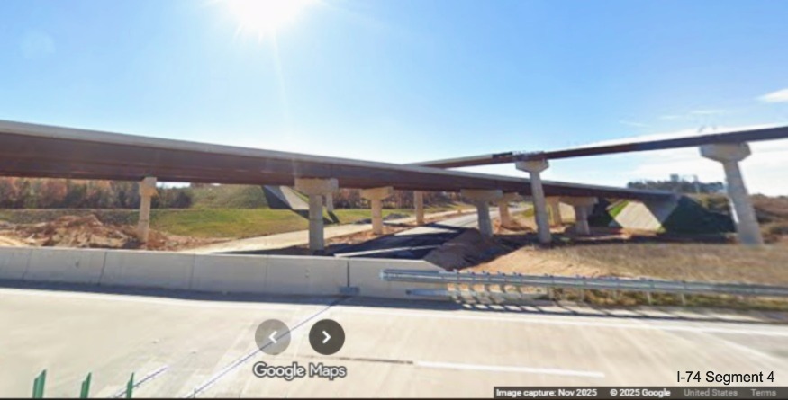 Image of from future I-40 East bridge over I-74 East and flyover ramps under
construction, Google Maps Street View, November 2025