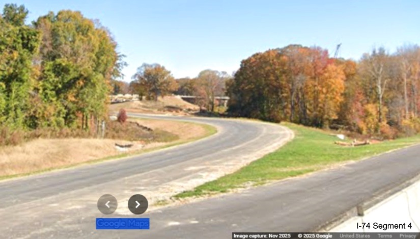 Image of view west along current I-74 West lanes looking back at future ramp to
NC 192 West from I-74 East/Winston-Salem Northern Beltway, Google Maps Street View, November 2025
