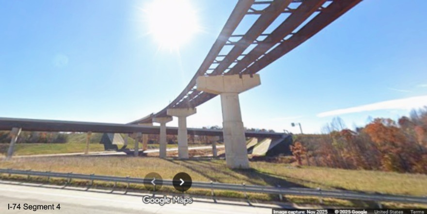 Image of Future I-74 East to I-40 East flyover ramp under construction from
current I-40 West lanes, Google Maps Street View, November 2025