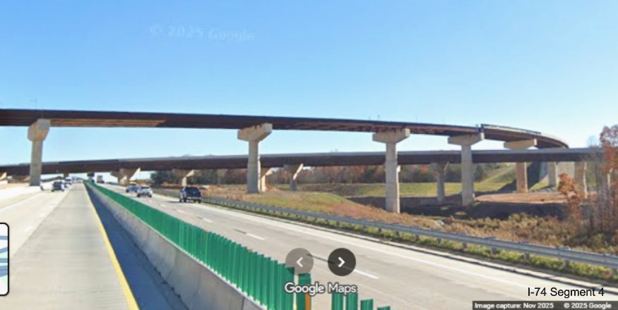 Image of Future I-40 East lanes passing under I-74 Winston-Salem Northern
Beltway interchange flyover ramps under construction, Google Maps Street View, November 2025