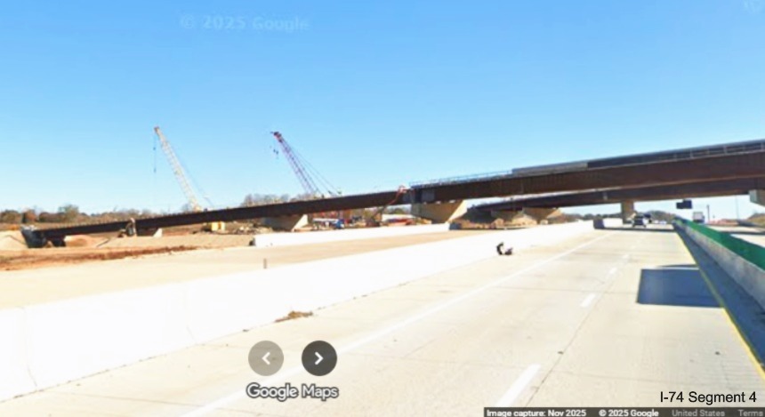 Image of Future I-74 East flyover ramp from current I-40 West lanes in I-74
Winston-Salem Northern Beltway interchange construction zone, Google Maps Street View, November 2025