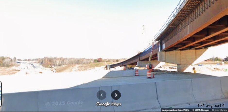 Image of Future I-74 East lanes under construction looking north from I-40 West at
future Beltway interchange, Google Maps Street View, November 2025