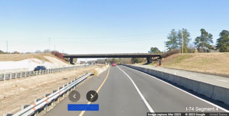 Image of construction approaching the Ridgewood Road bridge on current I-74 East,
Google Maps Street View, November 2025