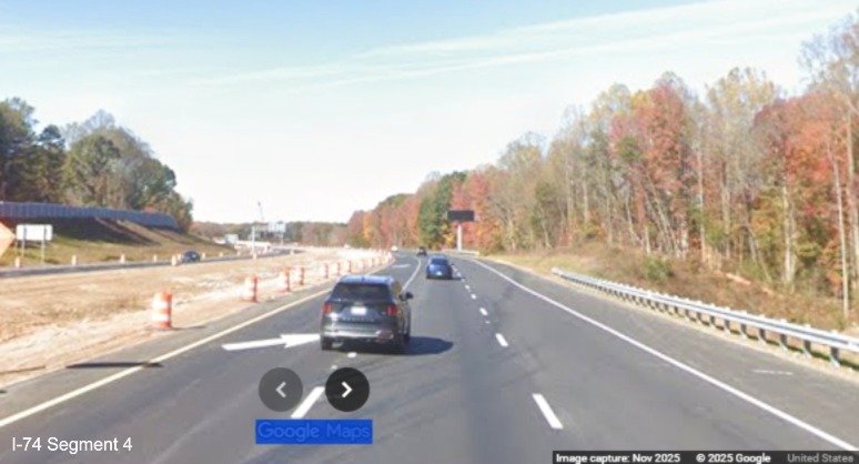 Image of I-74 West lanes entering work zone for Winston-Salem Northern Beltway
interchange after the Union Cross Road exit, Google Maps Street View, November 2025