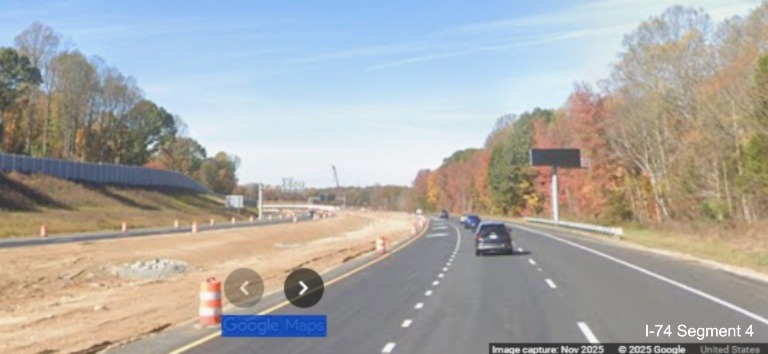 Image of median work continuing as seen from I-74 West in work zone for
Winston-Salem Northern Beltway interchange after the Union Cross Road exit, Google Maps Street View, November 2025