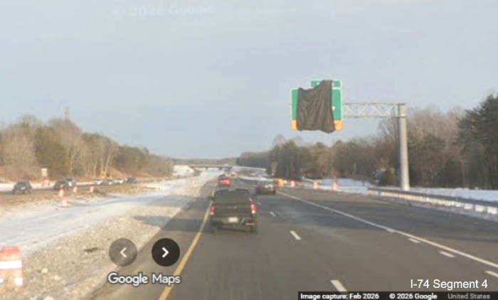 Image of covered over overhead advance sign for I-74 West Beltway from the
current I-74 (Future NC 192) East lanes as part of the Winston- Salem Northern Beltway interchange project, screen grab
from Google Maps Street View, February 2026
