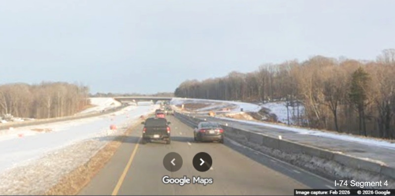 Image of traffic approaching future ramp for I-74 West Beltway from the
current I-74 (Future NC 192) East lanes as part of the Winston- Salem Northern Beltway interchange project, screen grab
from Google Maps Street View, February 2026