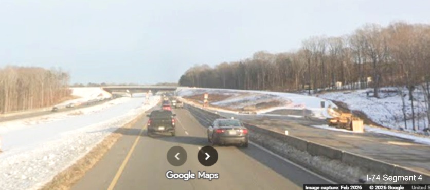 Image of snow covered future I-74 West Beltway exit ramp as seen from the
current I-74 (Future NC 192) East lanes as part of the Winston- Salem Northern Beltway interchange project, screen grab
from Google Maps Street View, February 2026