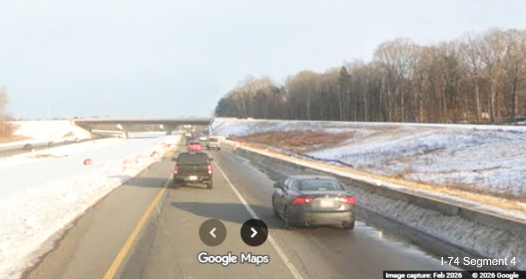 Image of traffic approaching the future I-74 West Beltway exit bridge over
current I-74 (Future NC 192) as part of the Winston- Salem Northern Beltway interchange project, screen grab
from Google Maps Street View, February 2026