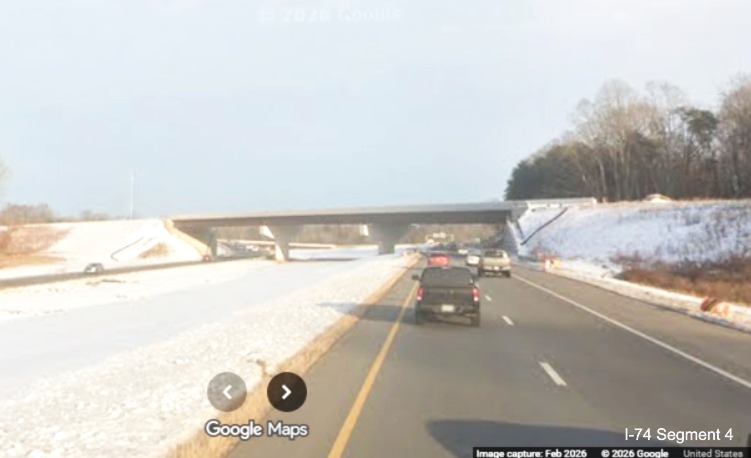 Image of future I-74 West Beltway exit ramp bridge as seen from the
current I-74 (Future NC 192) East lanes as part of the Winston- Salem Northern Beltway interchange project, screen grab
from Google Maps Street View, February 2026