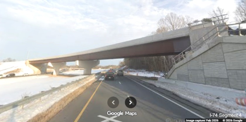 Image of bridge to carry future I-74 West Beltway exit ramp traffic as seen from
current I-74 (Future NC 192) East lanes as part of the Winston- Salem Northern Beltway interchange project, screen grab
from Google Maps Street View, February 2026