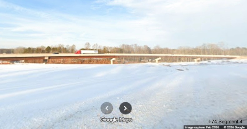 Image looking across median at current I-74 West future NC 192 West ramp over
the future I-74 lanes as part of the Winston-Salem Northern Beltway interchange project, screen grab from Google Maps
Street View, February 2026