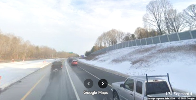 Image of completed I-74 East lanes and noise walls alongside as part of the
Winston- Salem Northern Beltway interchange project, screen grab from Google Maps Street View, February 2026