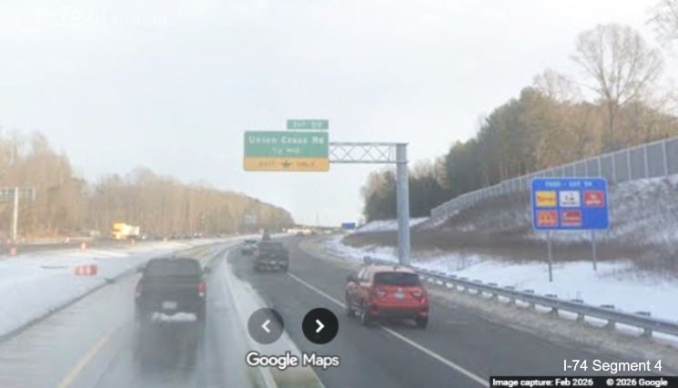 Image of traffic approaching the Union Cross Road interchange on I-74 East as
part of the Winston-Salem Northern Beltway interchange project, Google Maps Street View, February 2026