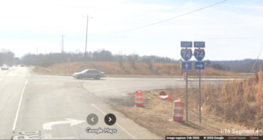 Image of of I-74 trailblazers at the new ramp for Kernersville Road as part of the
Winston- Salem Northern Beltway interchange project, screen grab from Google Maps Street View, February 2026