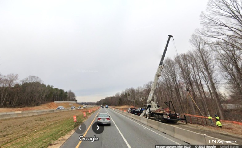 Image of start of construction zone for Winston-Salem Northern Beltway interchange
	  on I-74 West, Google Maps Street View, March 2025