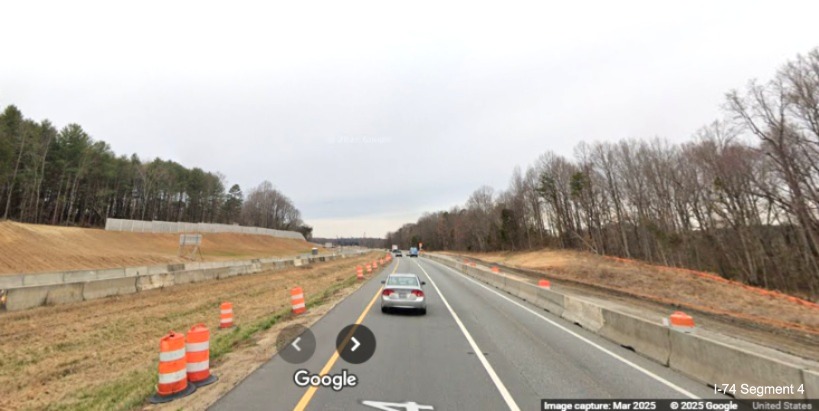 Image of noise wall completion for Winston-Salem Northern Beltway interchange
	  on I-74 West, Google Maps Street View, March 2025
