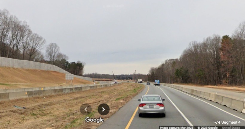 Image of widening of future travel lanes approaching the Winston-Salem Northern 
	  Beltway interchange on I-74 West, Google Maps Street View, March 2025