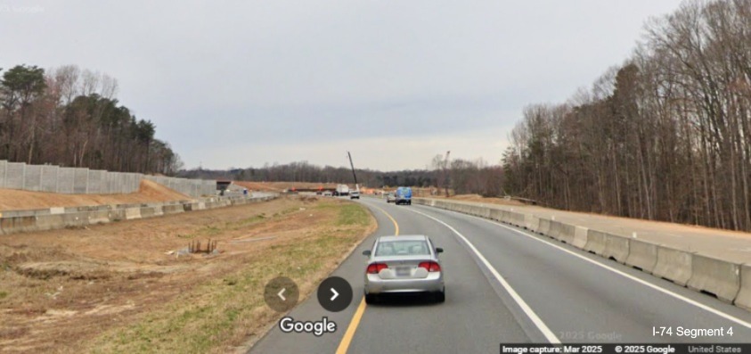 Image of further widening of future travel lanes approaching the Winston-Salem Northern 
	  Beltway interchange on I-74 West, Google Maps Street View, March 2025