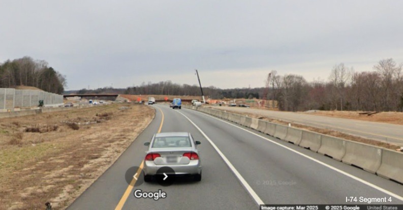 Image of I-74 West traffic using temporary travel lanes approaching the Winston-Salem Northern 
	  Beltway interchange, Google Maps Street View, March 2025
