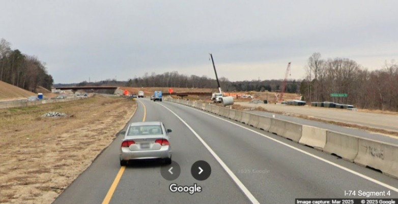 Image of temporary travel lanes approaching the Winston-Salem Northern 
	  Beltway interchange on I-74 West, Google Maps Street View, March 2025