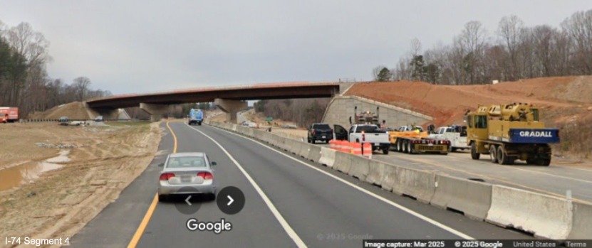 Image of bridge for the future I-74 West lanes from NC 192 East being constructed for
	  the Winston-Salem Northern Beltway interchange project, Google Maps Street View, March 2025