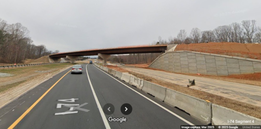 Image of bridge for the future I-74 West lanes from NC 192 East being constructed for
	  the Winston-Salem Northern Beltway interchange project, Google Maps Street View, March 2025