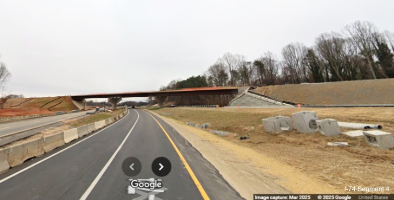 Image of looking back at the bridge for the future I-74 West lanes from NC 192 East 
	  being constructed for the Winston-Salem Northern Beltway interchange project, Google Maps Street View, March 2025