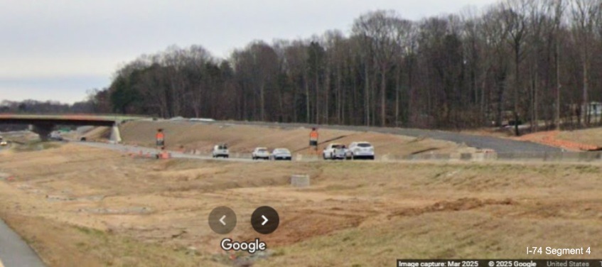 Image of looking back at the ramp for the future I-74 West Beltway exit from NC 192 
	  East being constructed for the Winston-Salem Northern Beltway interchange project, Google Maps Street View, March 2025