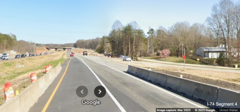 Image of lane restrictions approaching ramp from Ridgewood Road at start
	  of Winston-Salem Northern Beltway interchange work zone on I-74 East, Google Maps Street View, March 2025