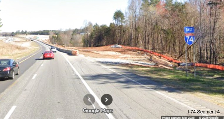 Image of traffic on current I-74 East Beltway approaching continuing construction
at Ridgewood Road as part of the Winston- Salem Northern Beltway interchange project, screen grab from Google Maps Street
View, March 2026