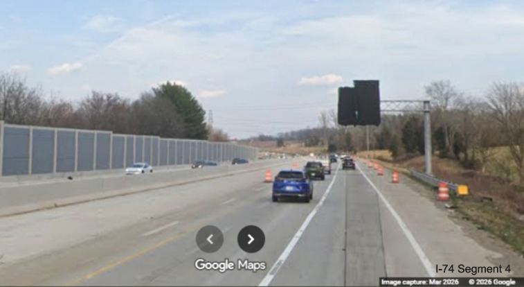 Image of traffic on I-40 East approaching the Beltway exit construction
zone as part of the Winston- Salem Northern Beltway interchange project, screen grab from Google Maps Street
View, March 2026