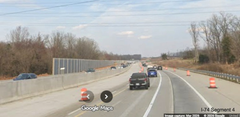 Image of traffic on I-40 East approaching the Beltway exit construction
zone as part of the Winston- Salem Northern Beltway interchange project, screen grab from Google Maps Street
View, March 2026