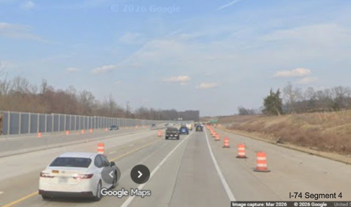 Image of traffic on I-40 East approaching the Beltway exit construction
zone as part of the Winston- Salem Northern Beltway interchange project, screen grab from Google Maps Street
View, March 2026